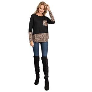 NEW FSL APPAREL leopard top with rose gold sequin pocket in black